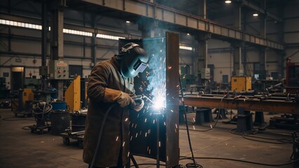 Welder working in an industrial factory. Professional metal fabrication with sparks and smoke. Heavy industry manufacturing process in a workshop