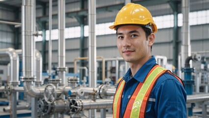 Portrait of a male engineer in a yellow hard hat and safety vest at an industrial plant. Professional Asian worker standing in a factory with pipes and machinery. Industrial maintenance concept