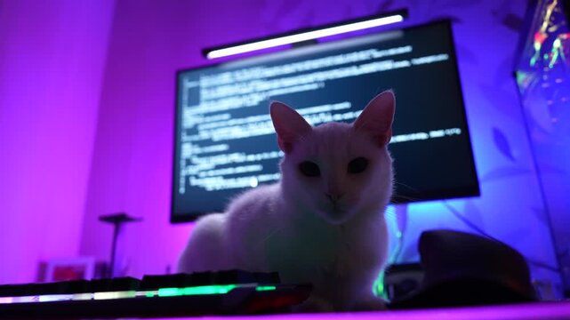 White cat sitting on desk in front of computer monitor with coding screen, RGB neon lighting, programmer workspace, technology and creative coding concept