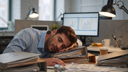 Man sleeping at office desk on stack of binders. Tired male employee exhausted from overwork and long hours. Burnout and corporate stress concept