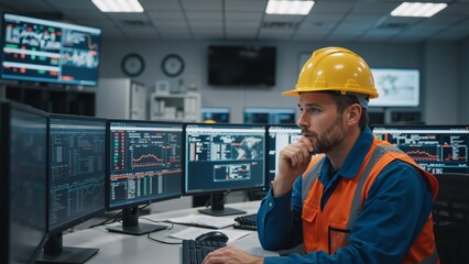 Male engineer in safety vest and hard hat monitoring data in a control room. Professional technician analyzing charts on multiple computer screens in an operations center. Industrial management