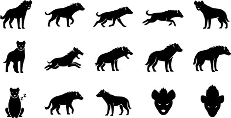 Obraz premium Set of hyena silhouettes showing various poses and actions, capturing their dynamic movements and features.