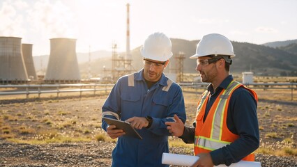 Two engineers discussing a project on a tablet at an industrial power plant. Professional workers collaborating on site at sunset. Teamwork and technology in the energy industry