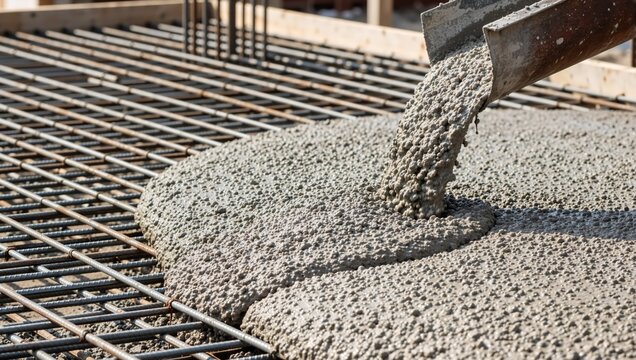 Close up of wet concrete pouring from a chute onto steel rebar. Construction site foundation and floor slab building process. Industrial engineering and infrastructure development