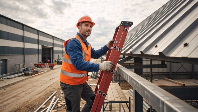 Construction worker on a ladder inspecting a corrugated metal roof. Roofer in orange safety vest and hard hat at an industrial site. Professional building maintenance and repair concept - Powered by Adobe