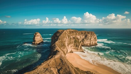 Cliffs and sandy beach on a coastline under a blue sky with scattered clouds. Nature scenery and ocean view. Coastal landscape and geological formations.