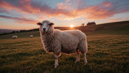 Fototapeta premium Sheep on a grassy field during sunset with a house in the background.