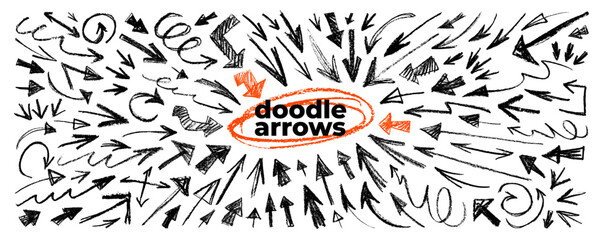 Crayon drawn scribble doodle arrow set. Sketchy black rough bold and thin arrows, curved, straight or wavy arrows. Emphasis direction pointers for hand drawn notes, diagrams and journaling.