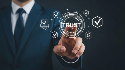 Business professional handshake trust concept with digital security icons and glowing trust symbol in dark blue background