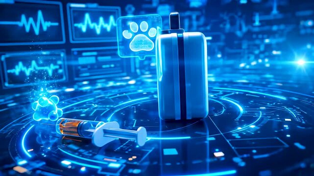 Digital Veterinary First Aid Kit with Paw Print ECG Display and Medical Holograms on Neon Platform Showing Advanced Animal Healthcare