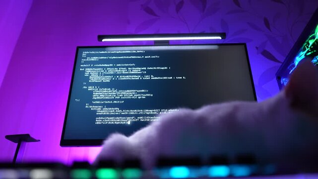 White cat sitting on desk in front of computer monitor with coding screen, RGB neon lighting, programmer workspace, technology and creative coding concept