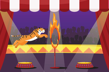Jumping tiger circus act with blazing fire hoop, illuminated arena, striped big top awning, crowd in darkness