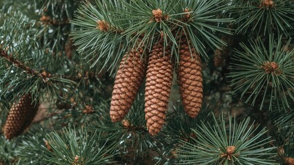 Pine cones hanging from pine branch with green needles. Nature and tree seeds, coniferous forest, and forest flora. The natural aspect of pine trees and their cones.