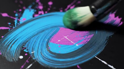 Abstract painting process with brushstroke in blue, pink and white color on a black background
