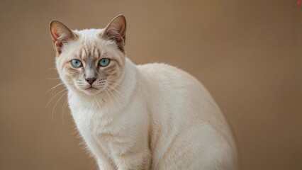 A cat with blue eyes and cream-colored fur, against a neutral background.