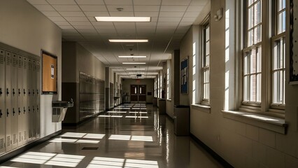 Empty school hallway with lockers and windows.