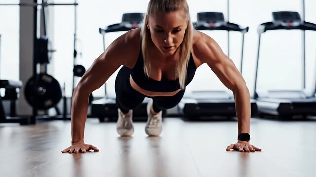 Fit woman doing push ups workout fitness training gym exercise strength body building athletic sport healthy lifestyle active routine motivation