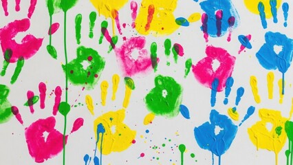 Colorful handprints and finger paint marks on a white background. Vibrant abstract art for childhood creativity and fun
