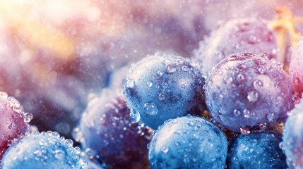 Fresh grapes covered in water droplets sit in bright light