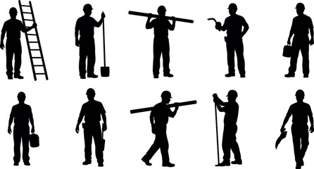 Vector silhouettes of construction workers and industrial laborers carrying tools equipment and materials isolated on a white background for design