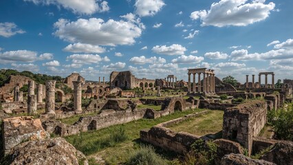 Obraz premium Ancient ruins with stone columns and structures under a partly cloudy sky, showcasing historical architecture and archaeology.