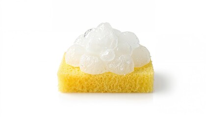 A yellow sponge with white soap bubbles on top. Cleaning and hygiene, concept. Household tools and cleaning products. The concept of cleaning and sanitation.
