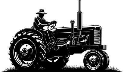 Vintage black and white vector illustration of a farmer driving a classic tractor through a field for agricultural farm design. © MDBABUL