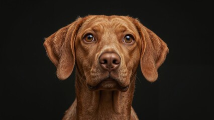 Close-up of a brown dog with expressive eyes against black background.