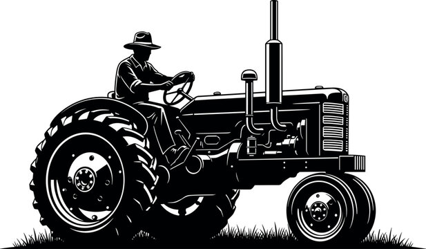 Vintage black and white vector illustration of a farmer driving a classic tractor through a field for agricultural farm design.
