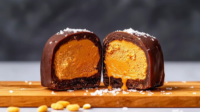 Chocolate peanut butter truffle cut half with creamy peanut butter center and sea salt flakes wooden board, rich dessert with smooth indulgent flavor