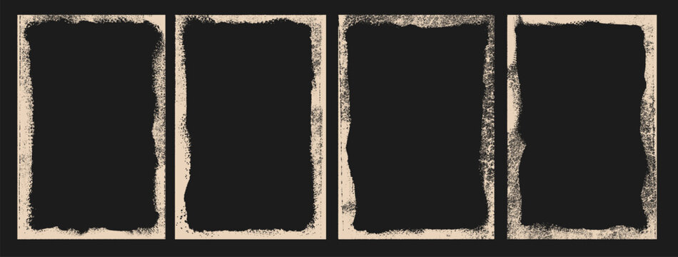 White grunge photo frames set with torn rough edges, retro rectangle borders for social media, brush drawn texture overlays, paint smears and snow effect. Isolated vector illustration background.