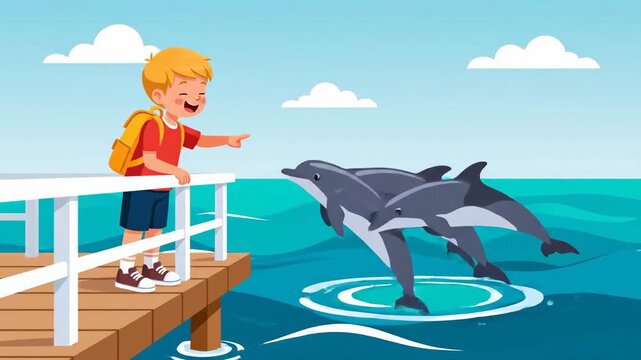 Boy Observes Pod Of Dolphins Leaping From The Sea Animated Clip, Cartoon Style Graphic, Educational