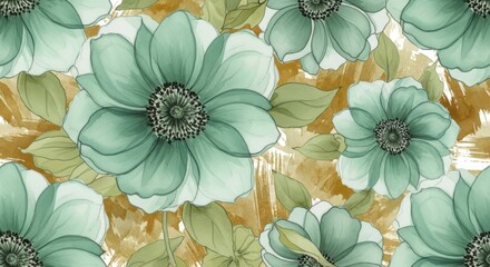 Beautiful floral pattern with green flowers and golden background