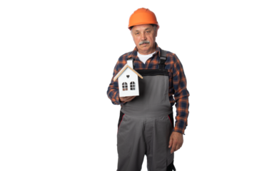 Construction worker holding a house model and a key