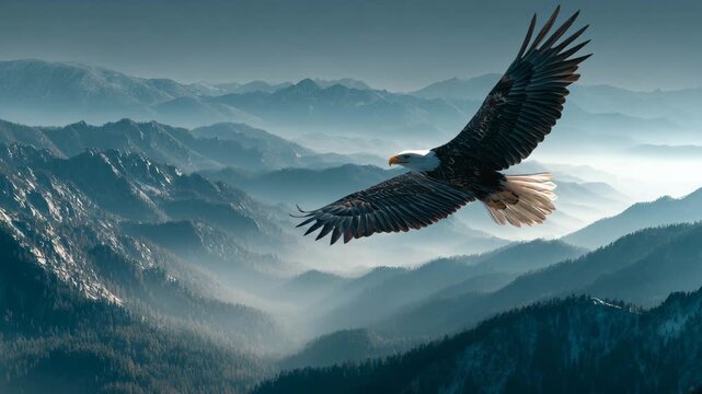 4K Majestic bald eagle soaring over a vast, misty mountain range with forests under a serene sky, embodying freedom and power video