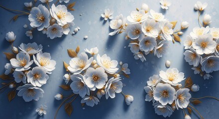 Beautiful white flowers on blue background with golden leaves