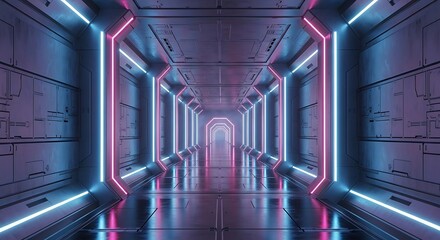 Futuristic neon corridor with glowing lights and reflective floor sci-fi ambiance