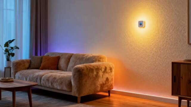 Interactive wall covering featuring builtin light sensors that modify brightness and mood lighting in a cozy indoor environment.