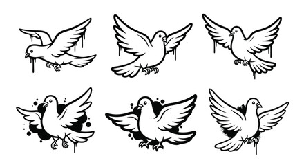 Obraz premium A collection of six black and white flying dove illustrations with dripping paint