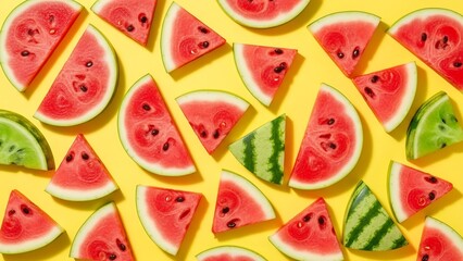 Fresh sliced watermelon on yellow background.