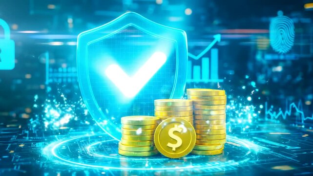 Digital Financial Security Shield with Checkmark and Golden Coin Stacks on Neon Circuit Surface Showing Protected Online Wealth