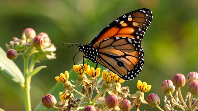 Close up of monarch butterfly on yellow flower, blurred green background, nature wildlife, insect, beauty.