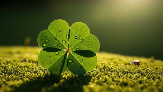 Close-up of a lucky four-leaf clover with dew drops on a mossy ground. Backlit by warm morning sunlight. St. Patrick's Day symbol of good fortune and hope - Powered by Adobe