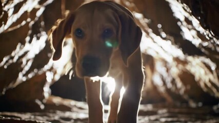 Curious dog exploring dark cave, animal walking, adventure travel, nature exploration, wildlife, mammal, tourism