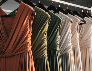 A lineup of lengthy gowns in neutral earthly hues, including terracotta, olive green, beige, and cream, hung elegantly on hangers. Each full-length dress exudes refined elegance, crafted from beautifu