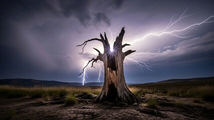 Dramatic dead tree in stormy weather.