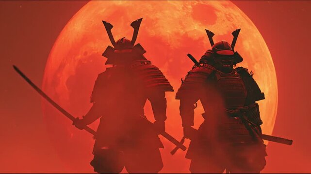Two armored samurai silhouettes stand before a blazing red moon, swords drawn, foggy air, ominous!!!