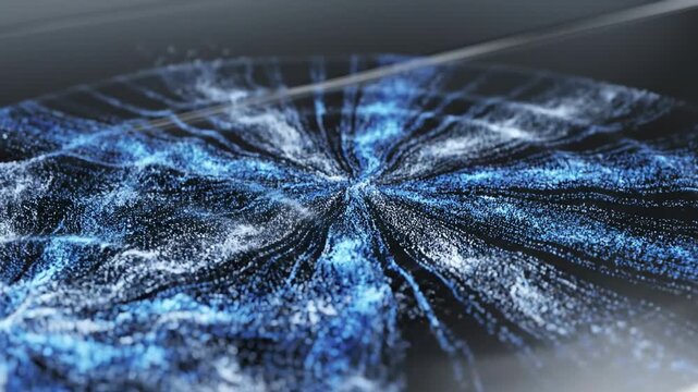 Abstract motion graphic of gentle blue and white light particles pulsing and spreading across a smooth, dark, futuristic surface symbolizing healing energy and recovery glow, calm, pulsing