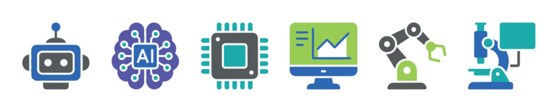 Set of colorful flat technology icons featuring a robot, AI brain, CPU, data chart, robotic arm, and microscope for science and automation concepts