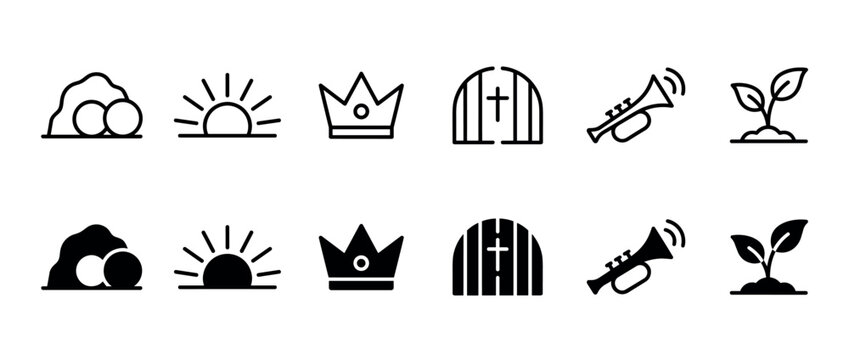 Set of Christian Easter story icons in line and glyph styles depicting the empty tomb, sunrise, crown, trumpet, and new life sprout
